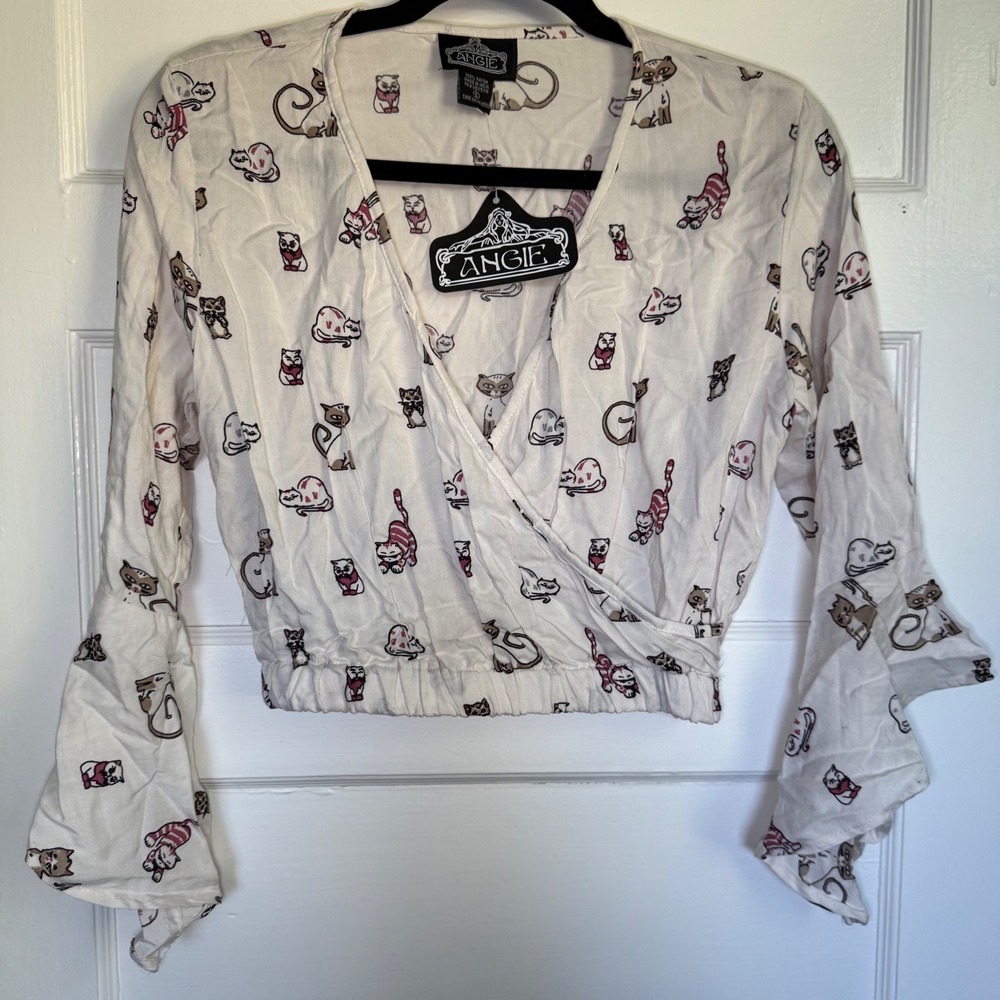 Angie Women Cream Cat Print Wrap Crop Top Flared Bell Sleeve V-Neck Small NWT